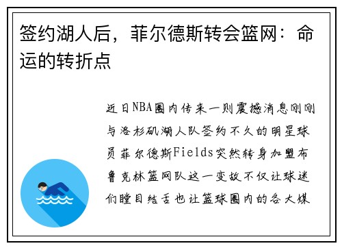 签约湖人后，菲尔德斯转会篮网：命运的转折点